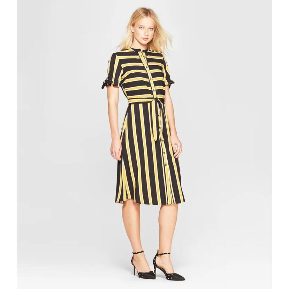 Who What Wear Shirt Dress Belted Frayed Satin Twill Midi Striped Black Yellow